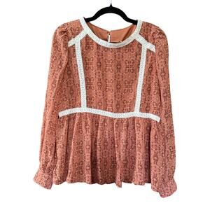 In Loom Blouse Womens M Rust Floral Long Sleeve Peplum Boho Lace Top NWT Peasant